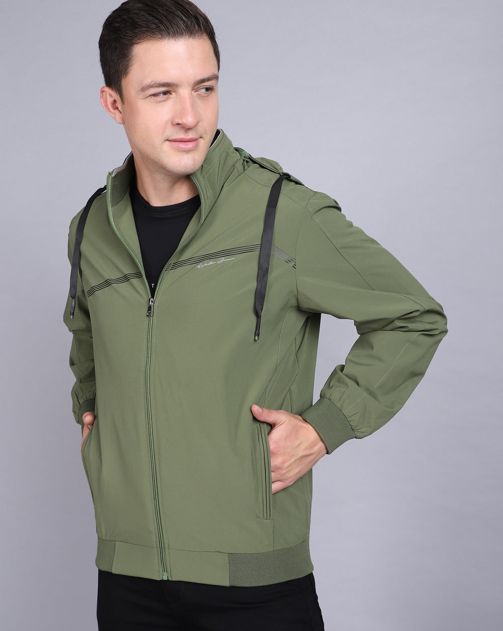 Buy Stylish Hooded Green Solid Mens Jacket Online