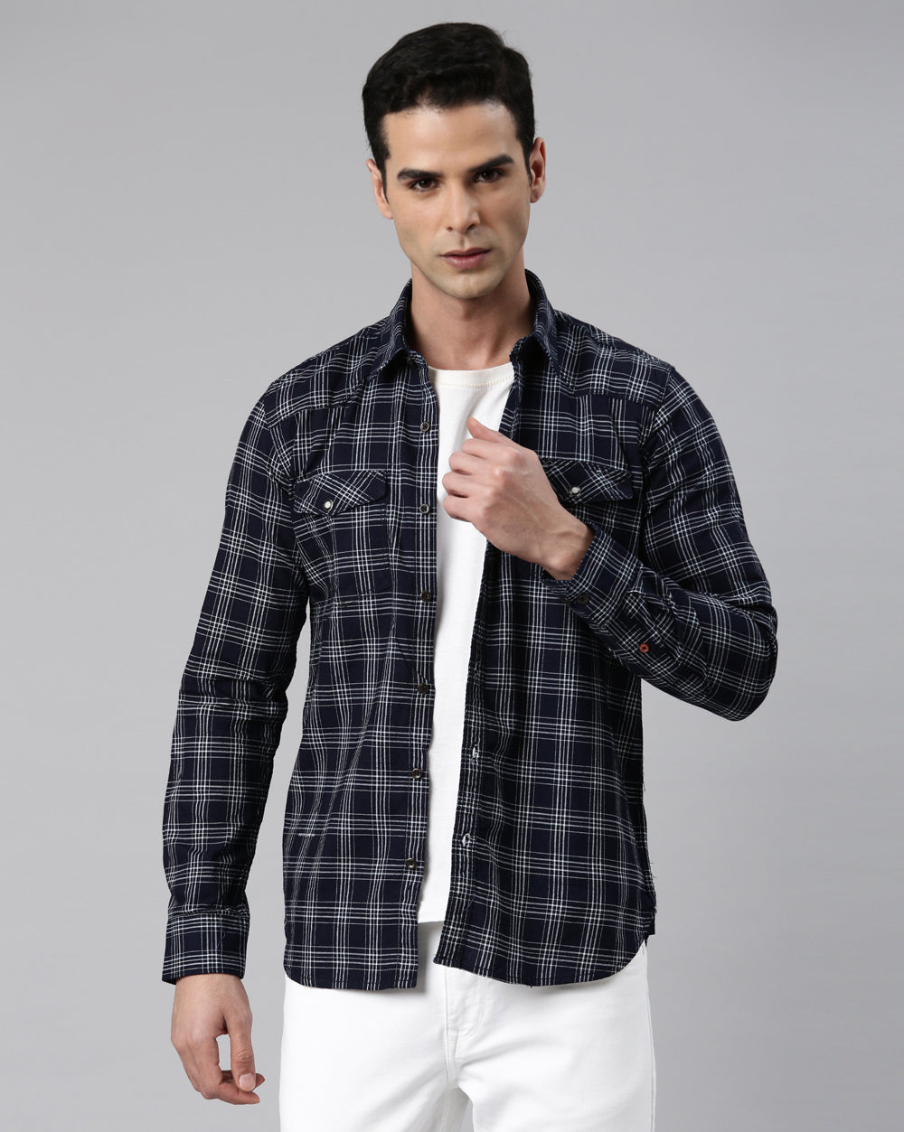 Swing Navy Blue Checkered Shirt for Men 