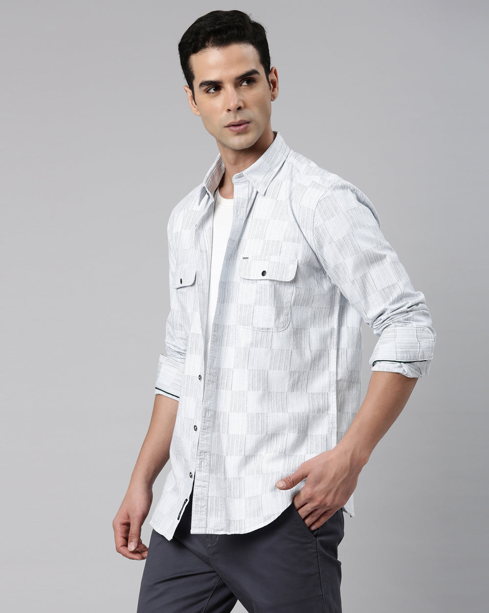 Light Grey Checkered Denim Shirt