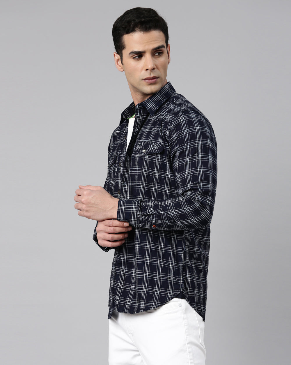 Swing Navy Blue Checkered Shirt for Men 