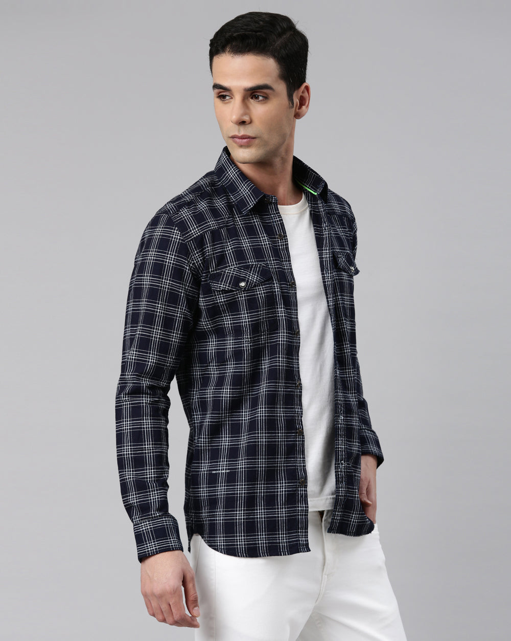 Swing Navy Blue Checkered Shirt for Men 