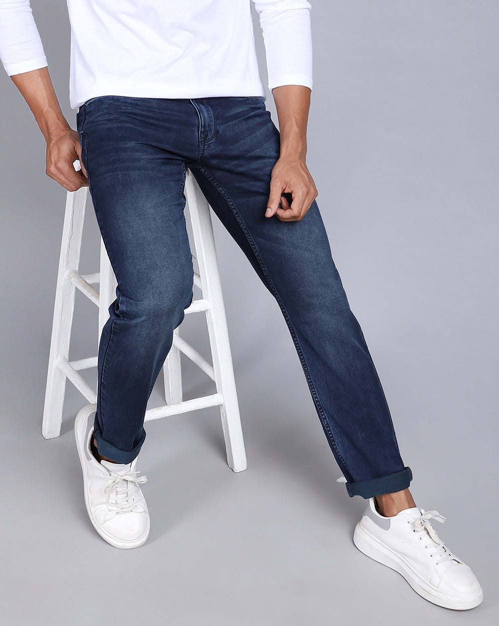 Dark Blue Tailored Fit Jeans For Men