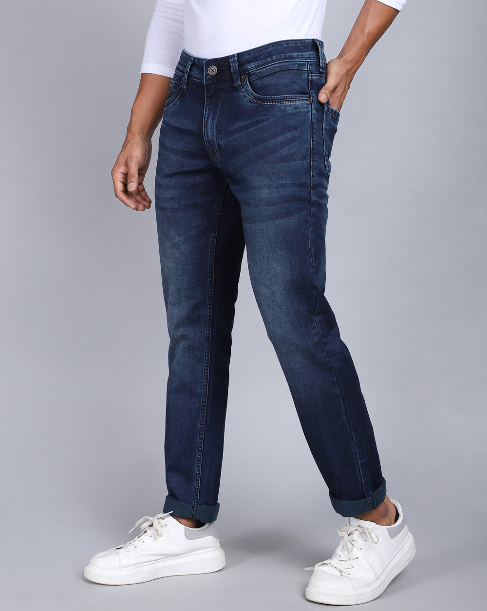 Dark Blue Tailored Fit Jeans For Men