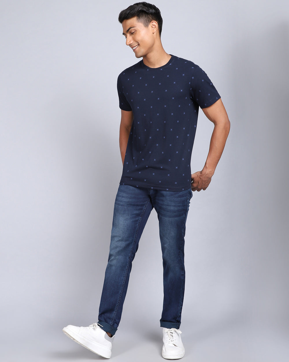 Crew Neck Aop T-Shirt Navy Blue,Olive
