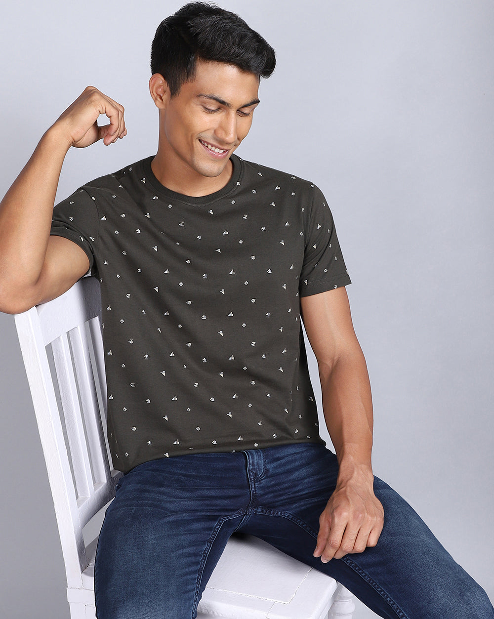 Crew Neck Aop T-Shirt Navy Blue,Olive
