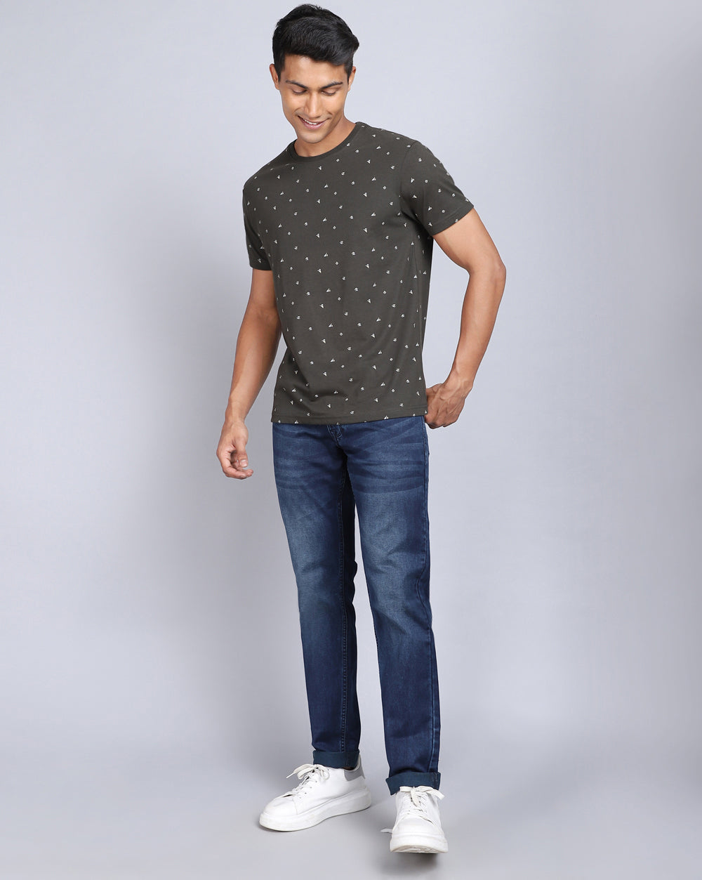 Crew Neck Aop T-Shirt Navy Blue,Olive