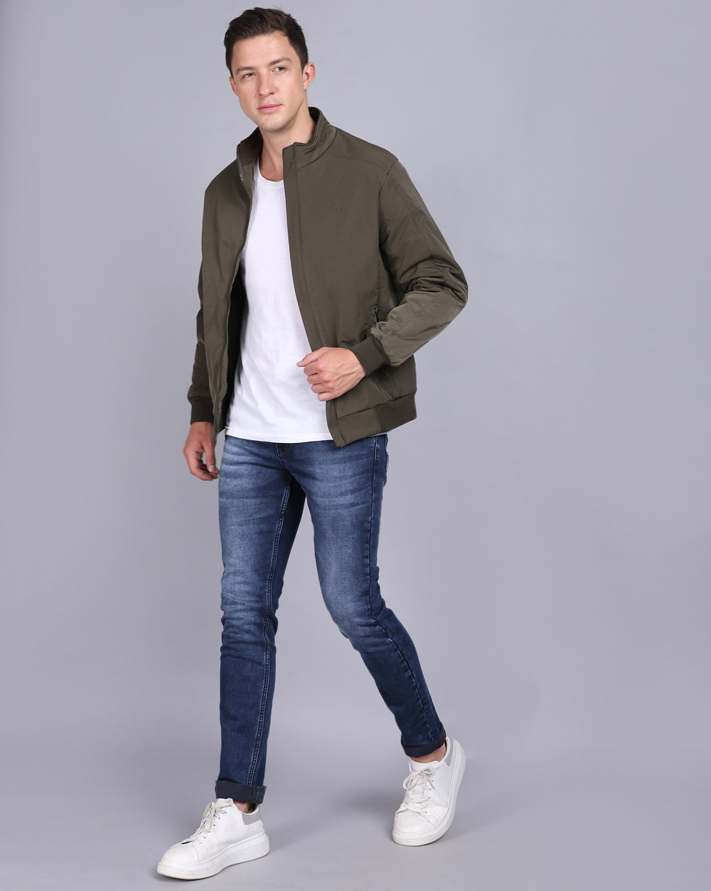 Solid High Neck Jacket-Olive