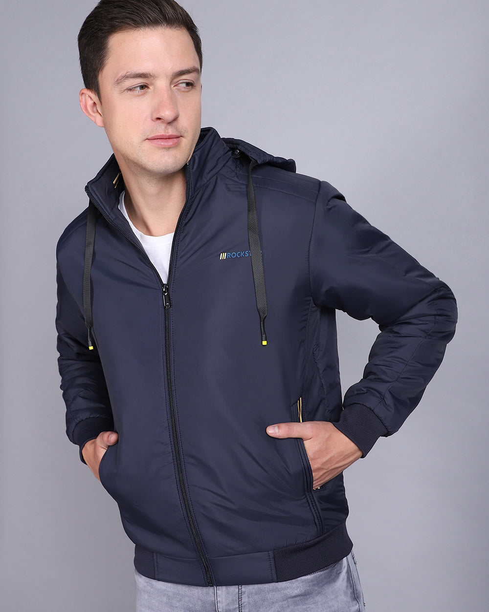 Solid Hooded Jacket-Solid Navy